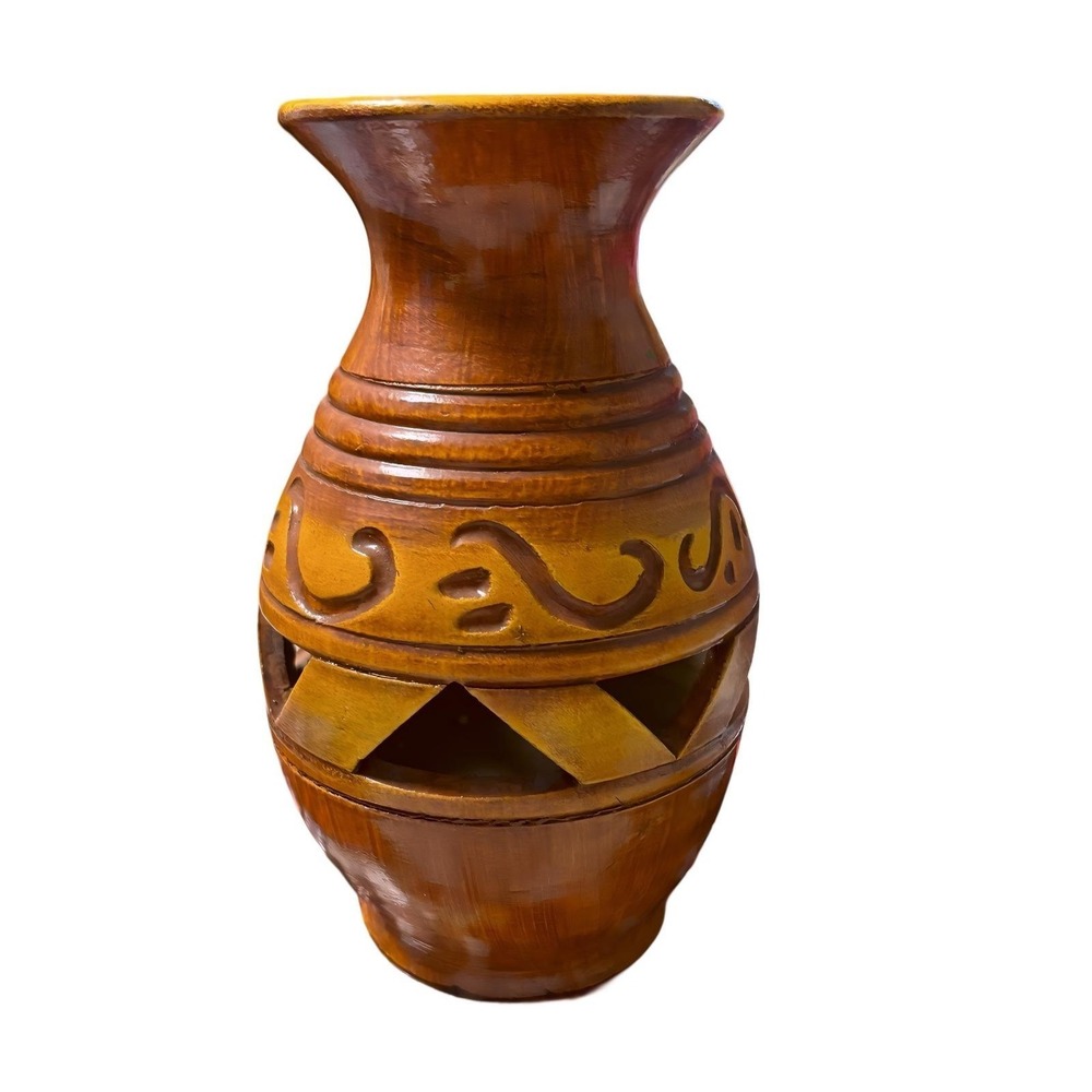 Hand Carved Terracotta Pottery Vase Honey Brown‎ Glazed Geometric Cutout Rustic